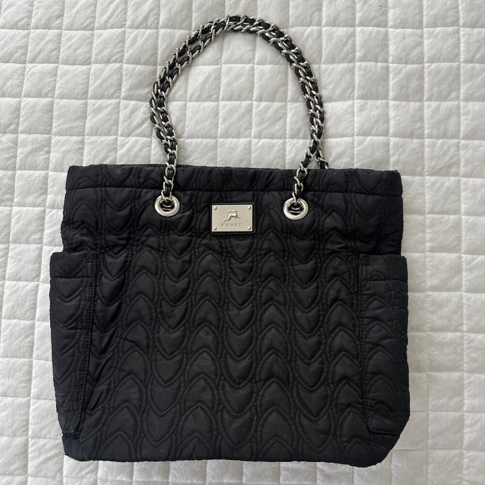 Koret Tote Black Quilted Large Gold Chain Handles Pockets Travel Classic